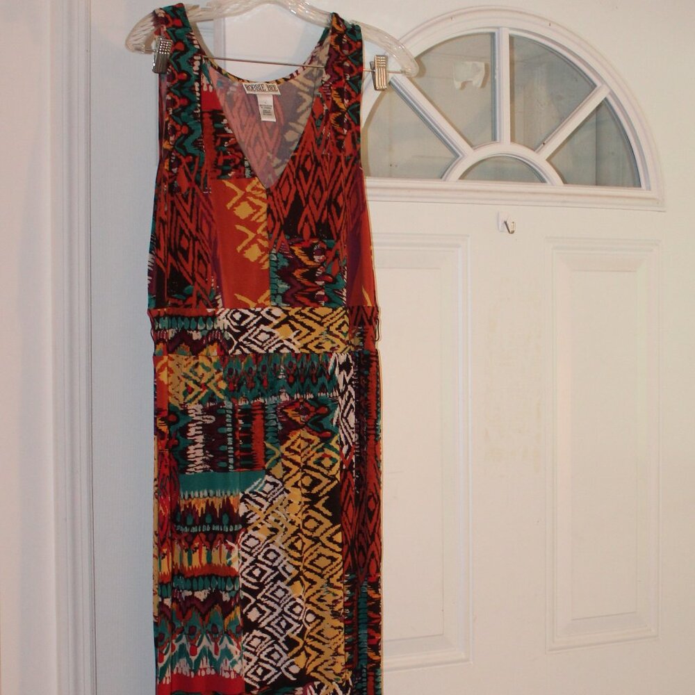 Robbi Bee Maxi Dress, Pull On Colorful Art Deco Knit Dress Size L - Picture 9 of 9